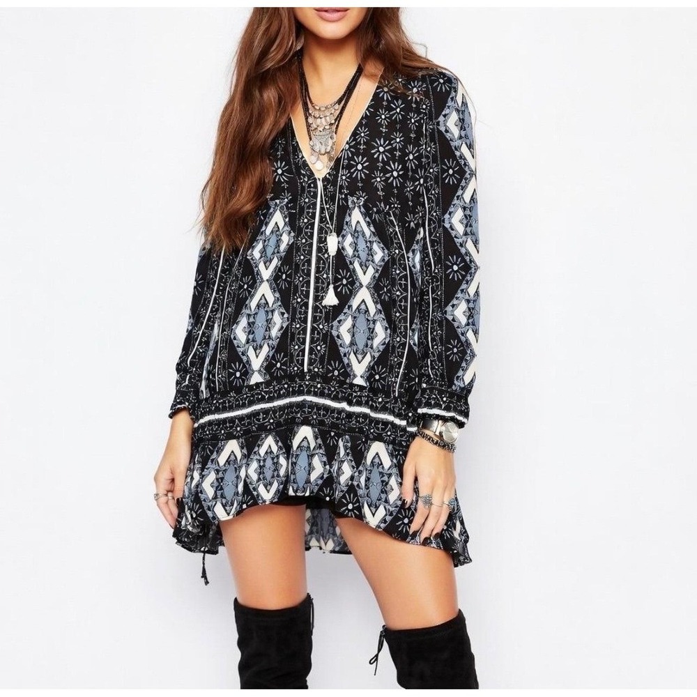Free People Down By the Bay Tunic Diamond Boho Tunic Top‎ Black Blue Small